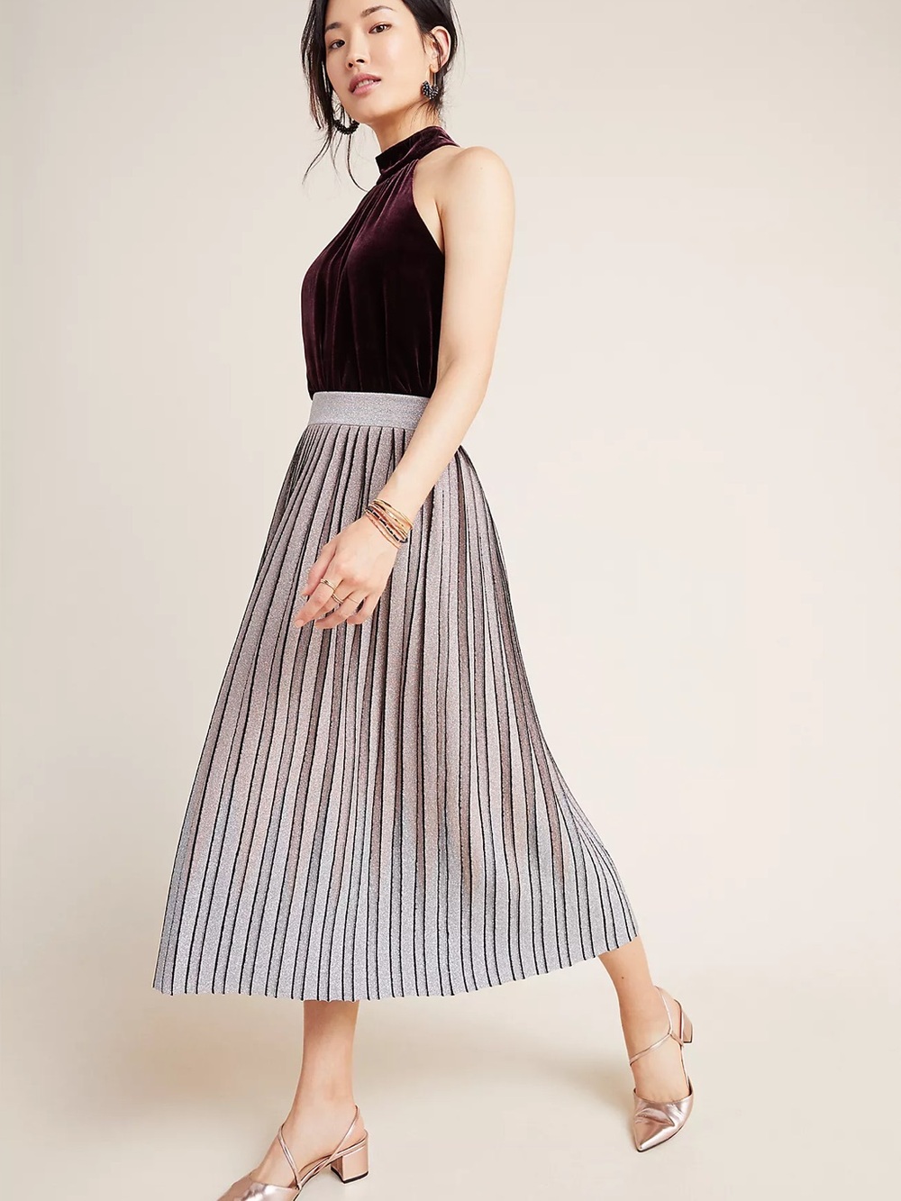 Maeve Anthropologie Pilar Pleated Metallic Ombre Midi Skirt Size Large NWT